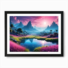 Breathtaking Fantasy Landscape With Majestic Mountains, A Serene Lake, And Vibrant Pink And Purple Flowers Art Print