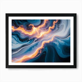 Abstract Image Of Swirling, Fluid Colors In Shades Of Blue, White, And Orange, Resembling A Cosmic Nebula Or A Galaxy Art Print