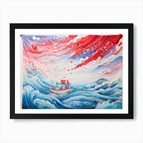 Hand Drawn Boat With Brush Strokes Set Against A Surreal Sea Where Waves Ripple Like A Dream Curtai Art Print