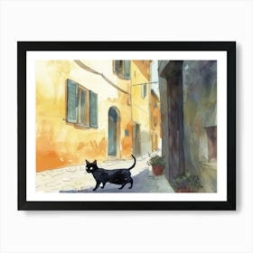 Black Cat In Pisa, Italy, Street Art Watercolour Painting 4 Art Print