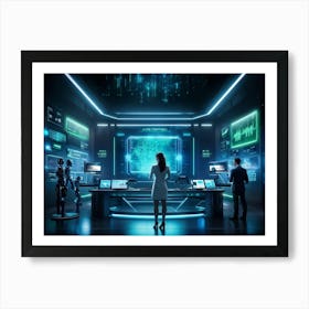 Cyber Intelligence Technology Interfacing With Modern Business Operations Robots Analyzing Data Ho (6) Art Print