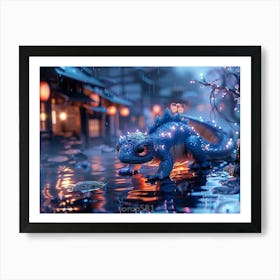 Blue Dragon In The Rain 1 Art Print