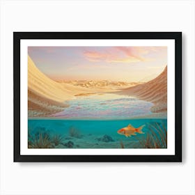 Elephant Sized Goldfish Swimming Through A Surreal Desert Landscape Oversized Waves In Golden Sands Art Print