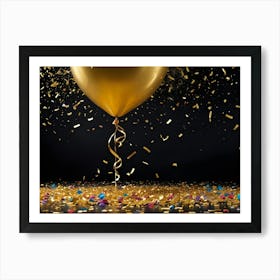 A Single Gold Balloon Floats Against A Black Background Art Print