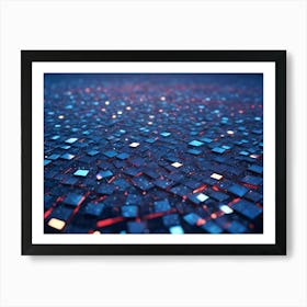 Abstract 3d Digital Landscape With A Textured Surface Made Of Blue Squares With Glowing Red Lights Art Print