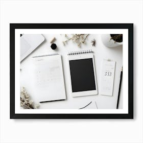 A Minimalist Flat Lay Of A Laptop, A Tablet, A Calendar, A Pen, And Dried Flowers On A White Background Art Print