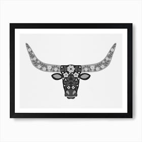 Floral Longhorn   Black And White Art Print