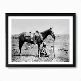 Cowboy And His Horse, Black and White, Western Art, Vintage Old Photo Art Print