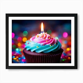 Cupcake With Vibrant Swirls Of Pink Blue And Green Frosting Single Lit Candle Atop Celebrating A 2 1 Art Print