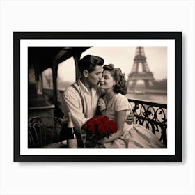 Black And White Photograph Capturing A Vintage Valentines Day Scene A Couple Locked In A Tender Em Art Print