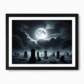 Full Moon Illuminating A Night Sky Clouded By Whispers Of Fog Gravestones Silhouetted Against The E (1) Art Print