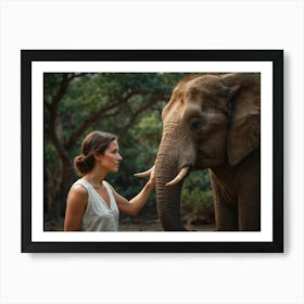 Woman Touching An Elephant Art Print