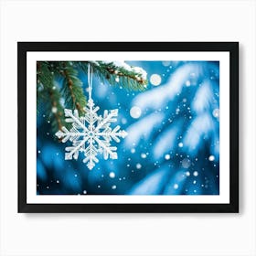 Closeup Of A Single Shiny Snowflake Resting On A Fir Tree Branch White And Blue Hues Dominating The Art Print