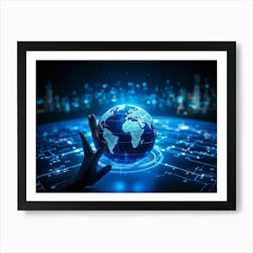 Blue Fingertip On Digital Globe Symbolizing Connection Artificial Intelligence Intertwining With Hu Art Print