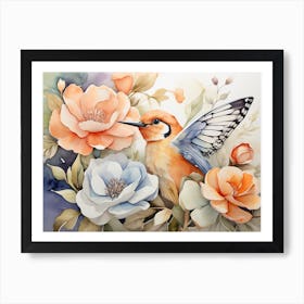 Hummingbird & Flowers Art Print Vintage Art Print