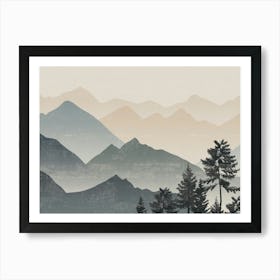 Navy Blue Green Mountain, Pine Trees Forest Art Print