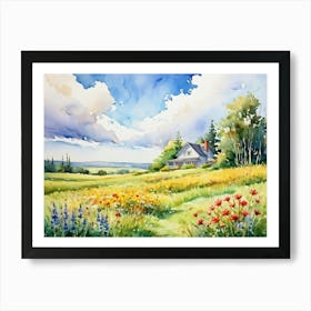 Watercolor Of A Quaint House Nestled In A Meadow Ethereal Sunlight Filtering Through Fluffy Clouds Art Print