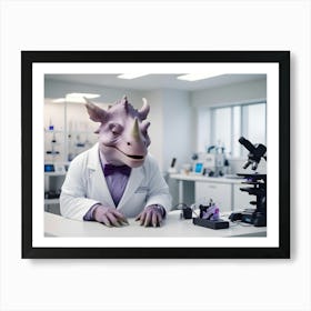 A Purple Dinosaur Wearing A Lab Coat And A Bow Tie, Sitting At A Desk With A Microscope Art Print