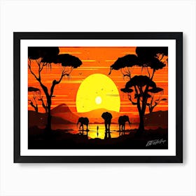 African Serengeti - Sunset Elephants Art Print