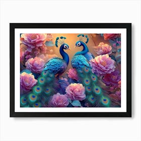 Bright Color Floral with Exotic Oriental Pattern Flowers and Peacocks Art Print