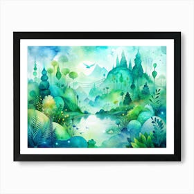 Watercolor Painting Of A Fantasy Forest Landscape With A Lake And Mountains Art Print