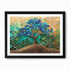 A Vibrant Tree Artwork In 3d With Shimmering Blue and Turquoise Leaves 1 Art Print