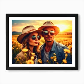 Young Couple In The Field At Sunset Art Print