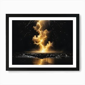 An Abstract Image Of A Powerful Golden Lightning Bolt Striking A Body Of Water With A Dark Sky And Rocky Shore In The Background, Creating A Dramatic And Dynamic Scene Art Print