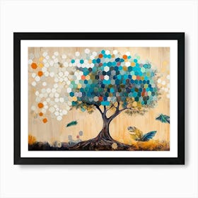 Turquoise Tree And White Lattice On Oak, With Multicolored Hexagons And Feather Accents 2 Art Print