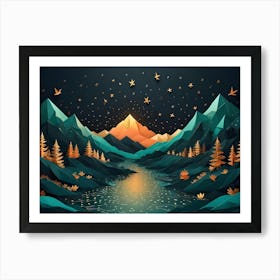 A Stylized, Geometric Landscape With Mountains, Trees, And A River, All Rendered In A Paper Like Style With A Touch Of Gold Glitter Art Print