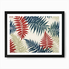 Abstract Image Of A Collection Of Red, Blue, And Green Fern Leaves Arranged In A Circular Pattern On A White Background Art Print