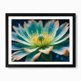 A Close Up Shot Of A Blue And White Flower With A Yellow Center, With A Blurred Background Of Blue And White Bokeh Art Print