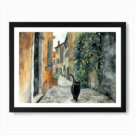 Black Cat In Brescia, Italy, Street Art Watercolour Painting 2 Art Print