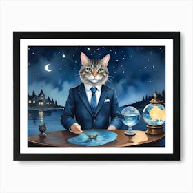 An Anthropomorphic Cat In A Suit Stands Behind A Table With A Miniature Paper Boat Floating In Spilled Water Art Print