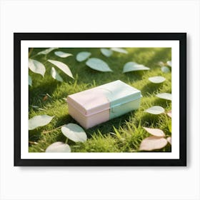 A Pink And Blue Box With A Clasp Lies On A Bed Of Green Grass With Leaves Art Print