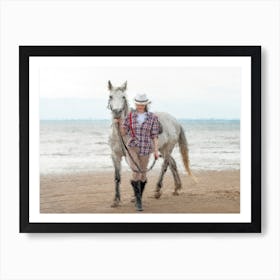 Girl Walking With Horse On A Beach Oil Painting Landscape Art Print