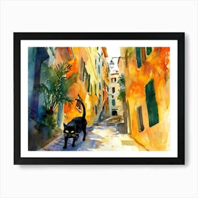 Cannes, France   Cat In Street Art Watercolour Painting 3 Art Print