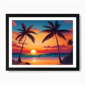 A Tranquil Beach At Sunset Horizontal Illustration 46 Art Print