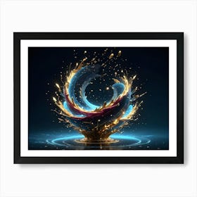 A Captivating Abstract Sculpture Formed By A Swirling Vortex Of Blue, Gold, And Purple Liquid, Illuminated By A Blue Glow And Surrounded By Futuristic Rings Art Print