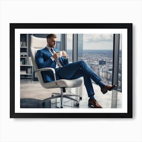 Bossy Young Anime Guy In Ultra Modern Office,Sipping Coffee Art Print