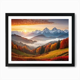 Autumn Landscape Panoramic View Of The Tatra Mountains Leaves In Vivid Shades Of Red Orange And Art Print