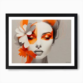 Orange / White / Greyscale Contrast Painting - Beauty with Flowers and matching Make-Up Art Print