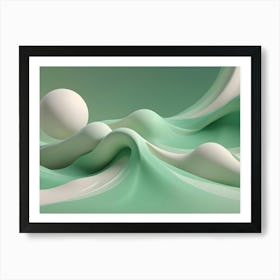 Abstract 3d Rendering Of A White Sphere Resting On A Flowing, Green And White Surface, Creating A Minimalist And Elegant Design Art Print