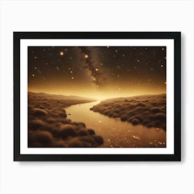 A Sparkling River Winds Through A Golden Landscape Beneath A Star Filled Night Sky With A Bright Milky Way Art Print