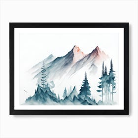 Mountain And Forest In Minimalist Watercolor Horizontal Composition 453 Art Print