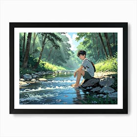 Boy Sitting By A Stream Art Print