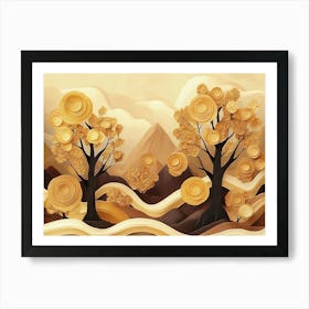 3d Painting Artwork Landscape Forest Golden Tree Brown Art Is Mountains Art Print