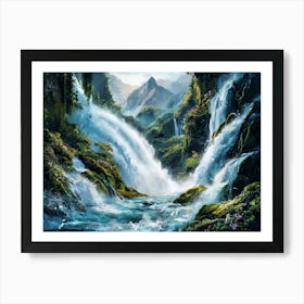 Mountain Waterfall Oil Painting #2 Affiche