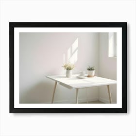 A Minimalist Image Of A White Table With White Vases Holding Dried Flowers And A Cup Of Coffee, Set Against A White Wall With A Window, Creating A Clean And Simple Interior Design Scene Art Print