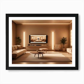 A Modern Living Room With Beige Walls, A White Couch, A Coffee Table, And A Large Screen Television Art Print